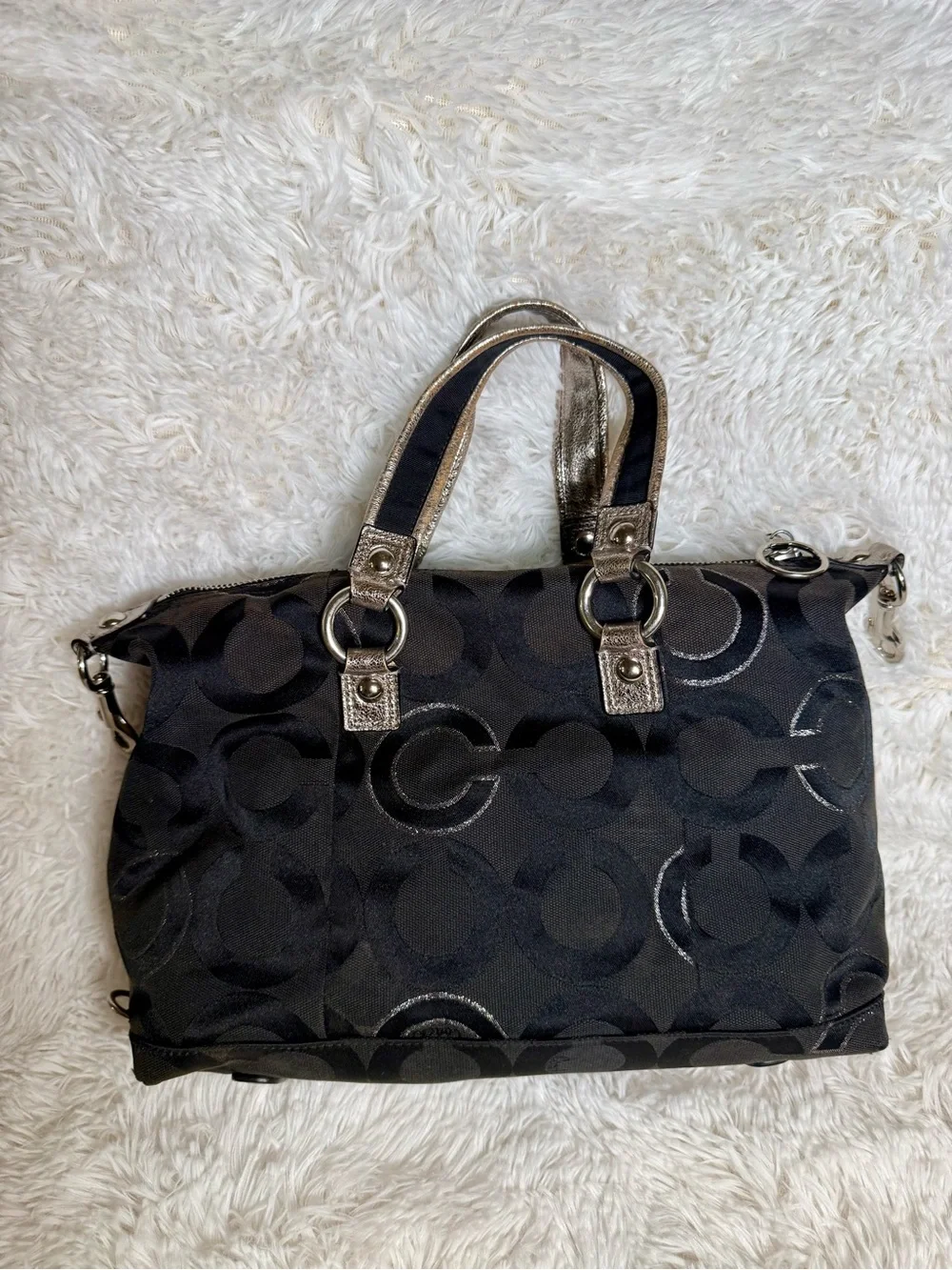 Coach Poppy Y2K Black Metallic Silver Glam Signature Canvas Tote Shoulder Bag